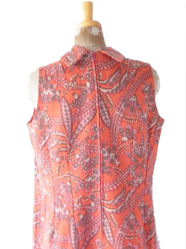 【送料無料】フランス買付け 60年代製 オレンジ&times;ペイズリー調ボタニカル柄 ロールカラー ワンピース 26FC101【ヨーロッパ古着】