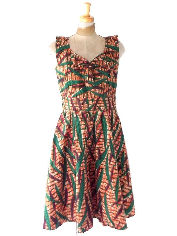 【送料無料】60年代フランス製 オレンジ&times;グリーン 総柄 大きなリボン ヴィンテージ ワンピース 26FC102【ヨーロッパ古着】