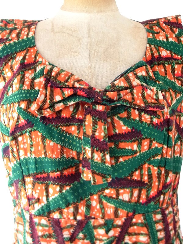 【送料無料】60年代フランス製 オレンジ&times;グリーン 総柄 大きなリボン ヴィンテージ ワンピース 26FC102【ヨーロッパ古着】