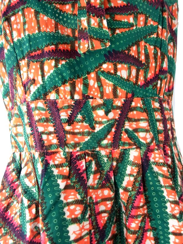 【送料無料】60年代フランス製 オレンジ&times;グリーン 総柄 大きなリボン ヴィンテージ ワンピース 26FC102【ヨーロッパ古着】