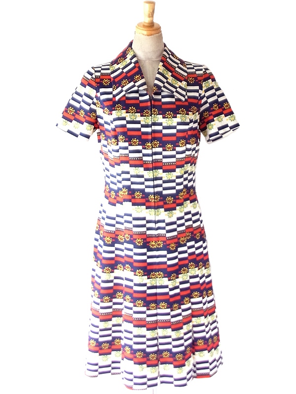 【送料無料】フランス買付け 70年代製 トリコロール X 幾何学ボーダー 花柄 フロントジップ ワンピース 26FC104【ヨーロッパ古着】