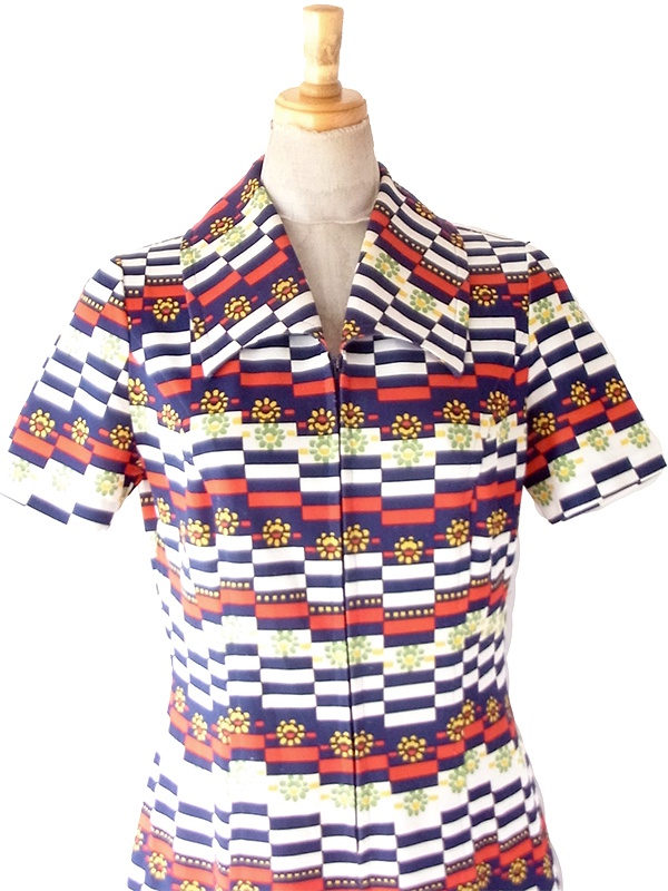 【送料無料】フランス買付け 70年代製 トリコロール X 幾何学ボーダー 花柄 フロントジップ ワンピース 26FC104【ヨーロッパ古着】