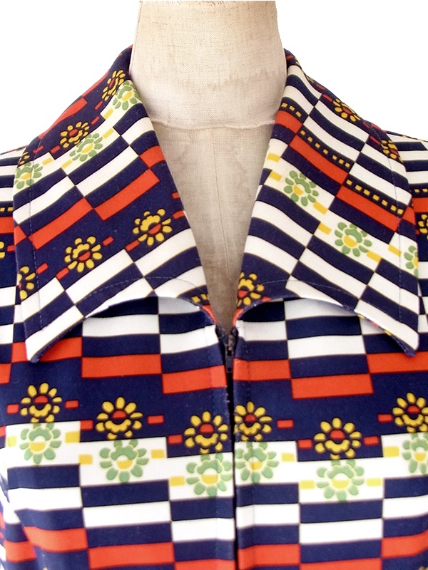 【送料無料】フランス買付け 70年代製 トリコロール X 幾何学ボーダー 花柄 フロントジップ ワンピース 26FC104【ヨーロッパ古着】