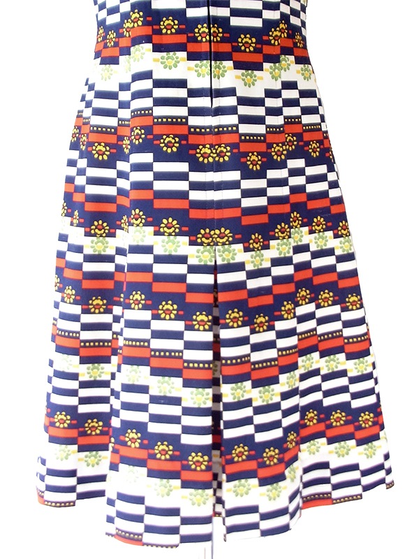 【送料無料】フランス買付け 70年代製 トリコロール X 幾何学ボーダー 花柄 フロントジップ ワンピース 26FC104【ヨーロッパ古着】