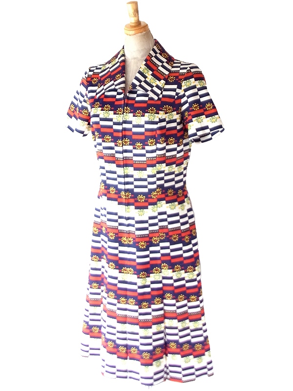 【送料無料】フランス買付け 70年代製 トリコロール X 幾何学ボーダー 花柄 フロントジップ ワンピース 26FC104【ヨーロッパ古着】