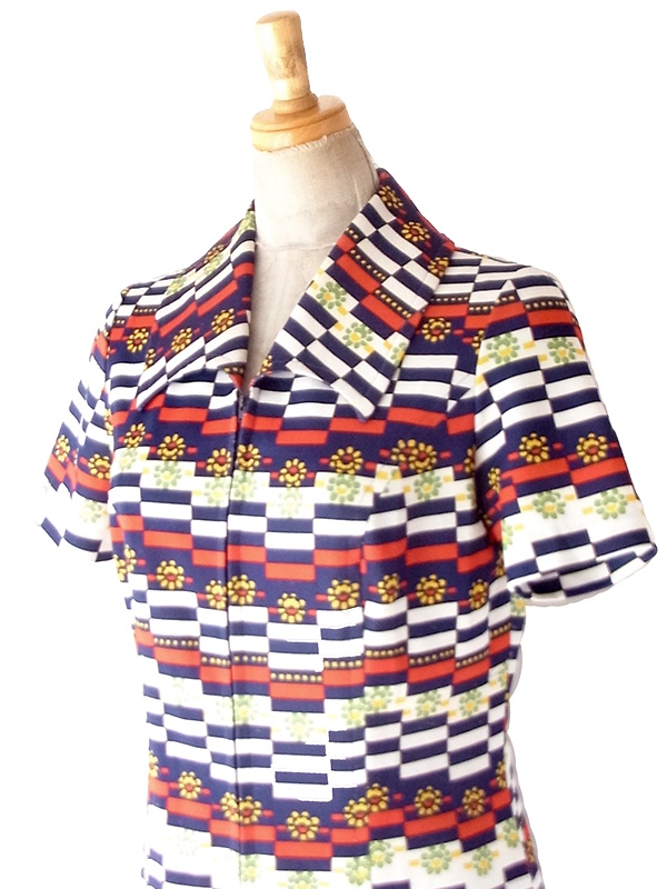 【送料無料】フランス買付け 70年代製 トリコロール X 幾何学ボーダー 花柄 フロントジップ ワンピース 26FC104【ヨーロッパ古着】