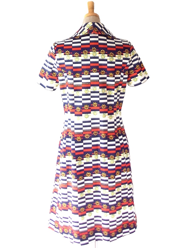 【送料無料】フランス買付け 70年代製 トリコロール X 幾何学ボーダー 花柄 フロントジップ ワンピース 26FC104【ヨーロッパ古着】