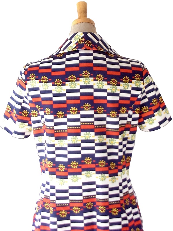 【送料無料】フランス買付け 70年代製 トリコロール X 幾何学ボーダー 花柄 フロントジップ ワンピース 26FC104【ヨーロッパ古着】