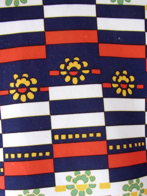 【送料無料】フランス買付け 70年代製 トリコロール X 幾何学ボーダー 花柄 フロントジップ ワンピース 26FC104【ヨーロッパ古着】