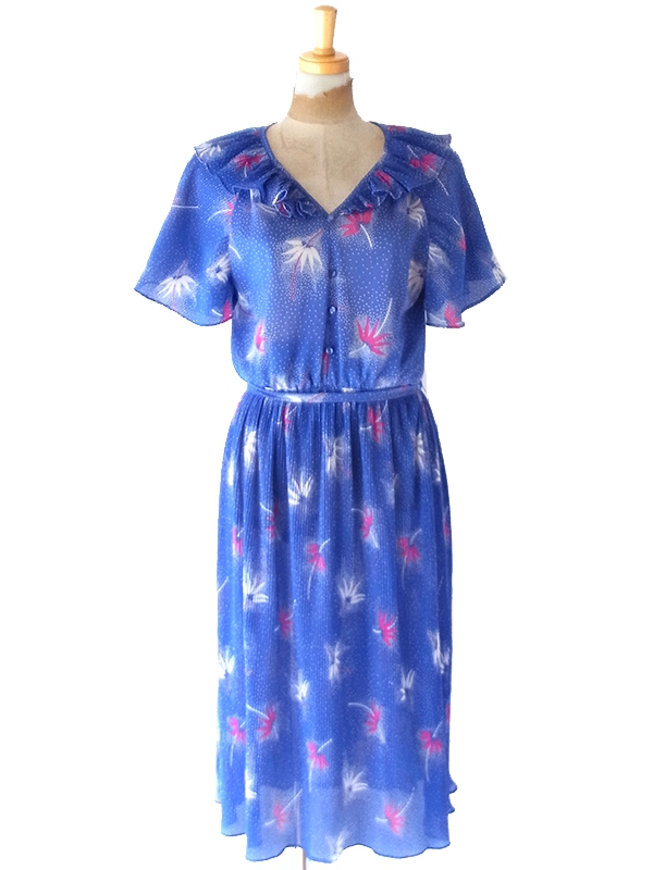 【送料無料】70年代フランス製 ブルー &times; ホワイト ドット＆ボタニカル柄 アコーディオンプリーツ ワンピース 26FC105【ヨーロッパ古着】