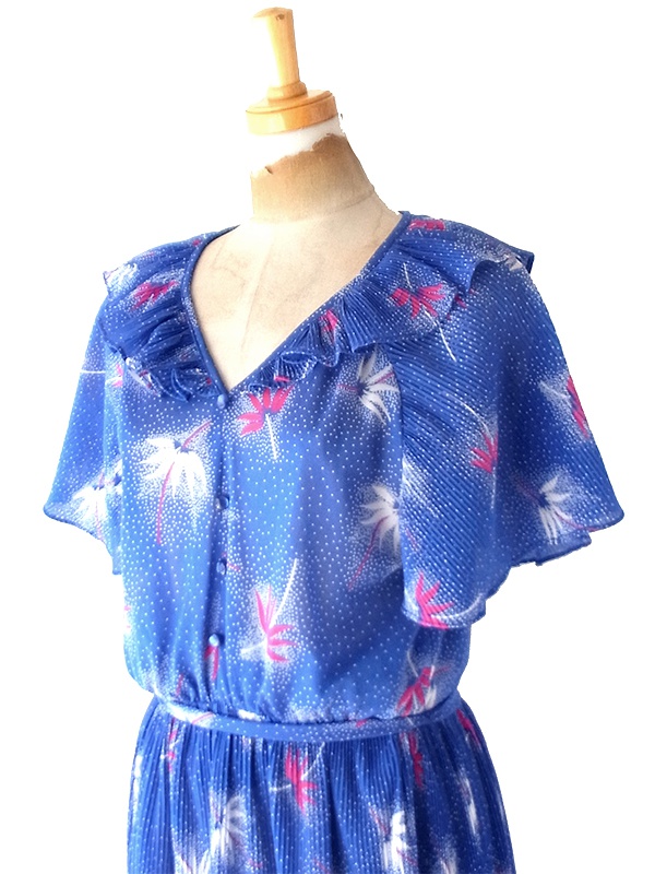 【送料無料】70年代フランス製 ブルー &times; ホワイト ドット＆ボタニカル柄 アコーディオンプリーツ ワンピース 26FC105【ヨーロッパ古着】