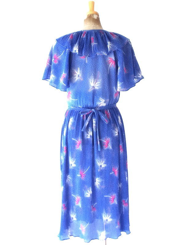 【送料無料】70年代フランス製 ブルー &times; ホワイト ドット＆ボタニカル柄 アコーディオンプリーツ ワンピース 26FC105【ヨーロッパ古着】