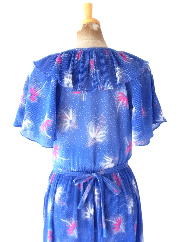 【送料無料】70年代フランス製 ブルー &times; ホワイト ドット＆ボタニカル柄 アコーディオンプリーツ ワンピース 26FC105【ヨーロッパ古着】