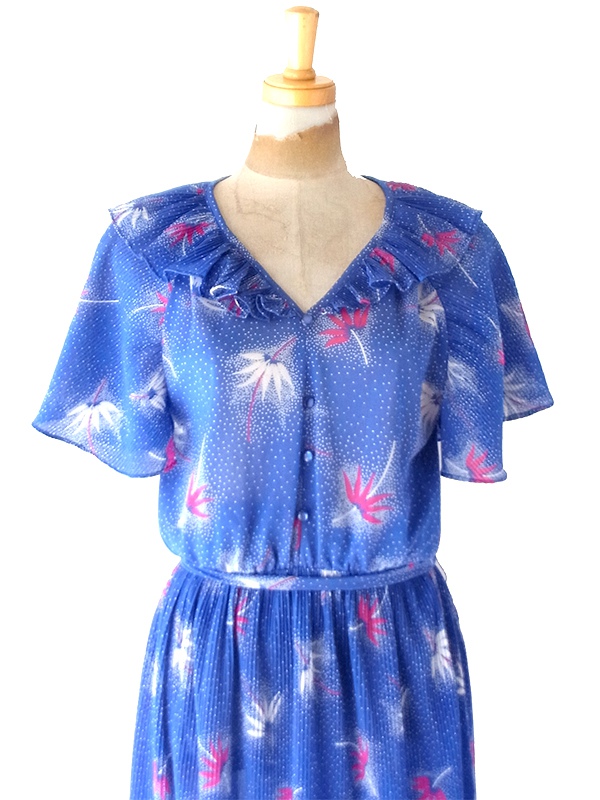 【送料無料】70年代フランス製 ブルー &times; ホワイト ドット＆ボタニカル柄 アコーディオンプリーツ ワンピース 26FC105【ヨーロッパ古着】