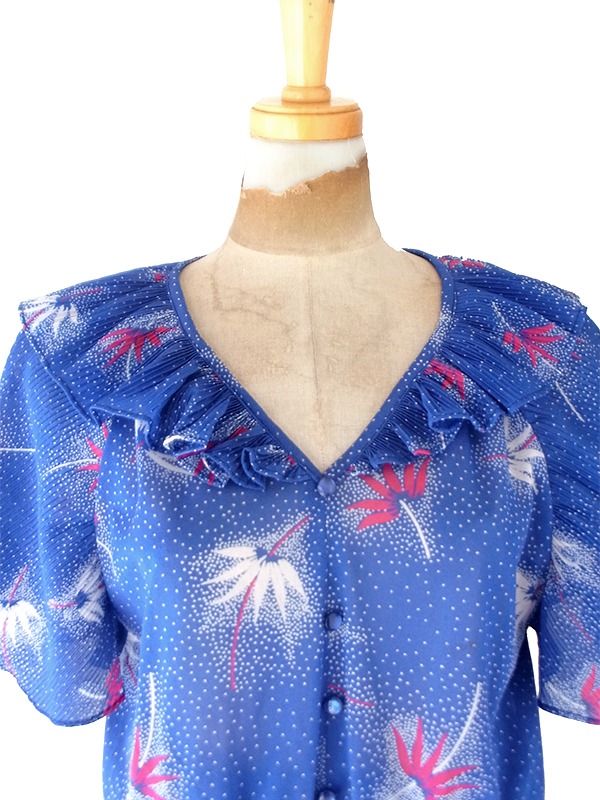 【送料無料】70年代フランス製 ブルー &times; ホワイト ドット＆ボタニカル柄 アコーディオンプリーツ ワンピース 26FC105【ヨーロッパ古着】