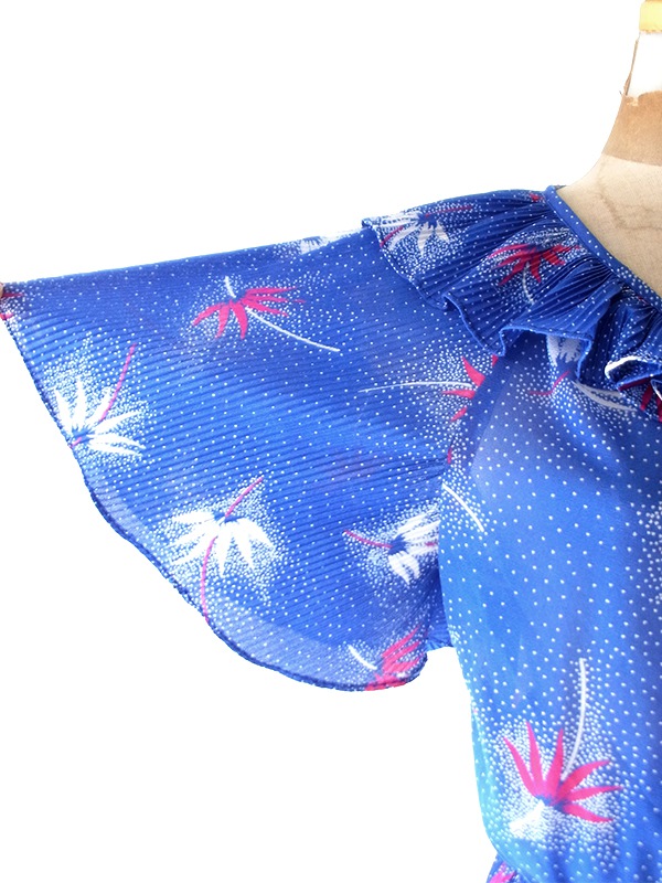 【送料無料】70年代フランス製 ブルー &times; ホワイト ドット＆ボタニカル柄 アコーディオンプリーツ ワンピース 26FC105【ヨーロッパ古着】