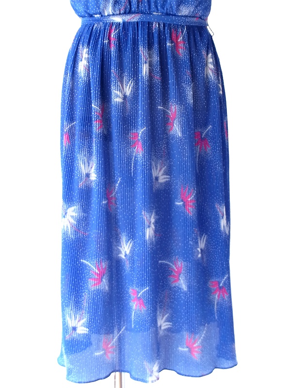 【送料無料】70年代フランス製 ブルー &times; ホワイト ドット＆ボタニカル柄 アコーディオンプリーツ ワンピース 26FC105【ヨーロッパ古着】