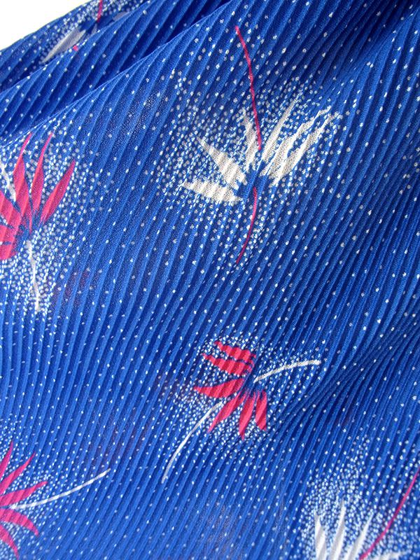 【送料無料】70年代フランス製 ブルー &times; ホワイト ドット＆ボタニカル柄 アコーディオンプリーツ ワンピース 26FC105【ヨーロッパ古着】