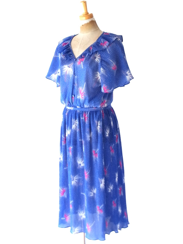 【送料無料】70年代フランス製 ブルー &times; ホワイト ドット＆ボタニカル柄 アコーディオンプリーツ ワンピース 26FC105【ヨーロッパ古着】