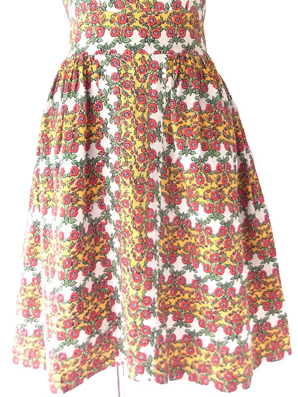 【送料無料】フランス買付け 60年代製 ホワイト&times;カラフル タイルフラワー柄 サッカー生地 ワンピース 26FC106【ヨーロッパ古着】