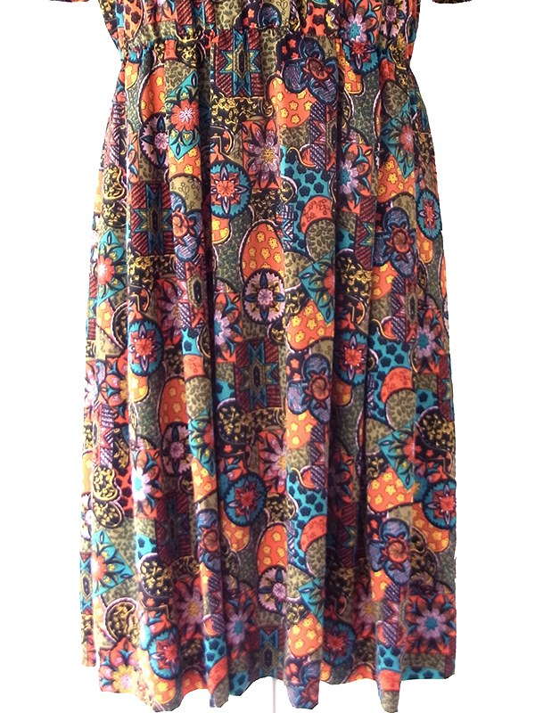 【送料無料】フランス買付け 70年代製 カラフル サイケ調タイル・ミニプリント ボウタイ ワンピース 26FC107【ヨーロッパ古着】