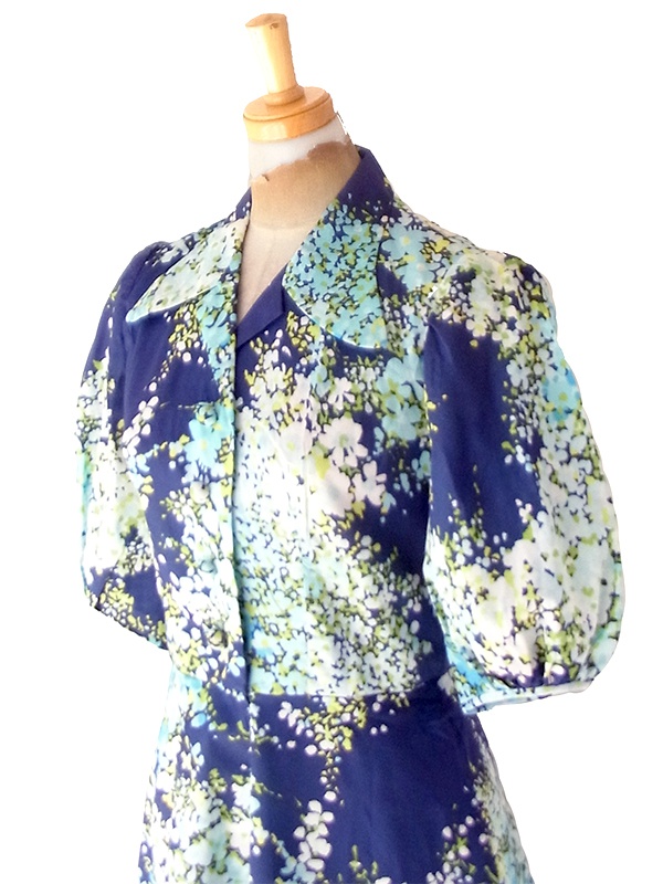 【送料無料】フランス買付け 70年代製 ネイビー×花柄 大きめ襟 パフスリーブ ワンピース 26FC108【ヨーロッパ古着】