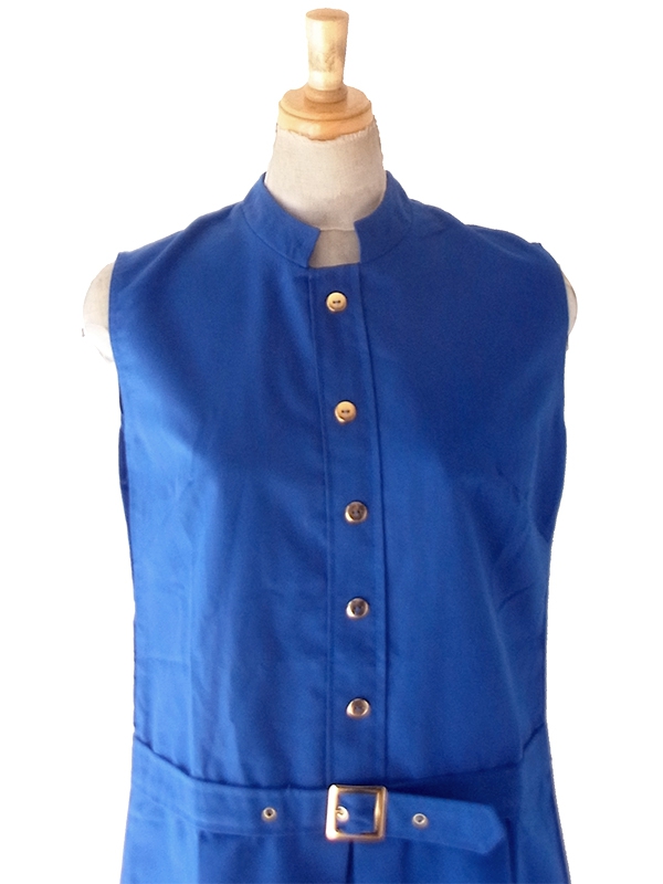 【送料無料】フランス買付け 70年代製 デッドストック ロイヤルブルー スタンドカラー ワンピース 26FC109【ヨーロッパ古着】