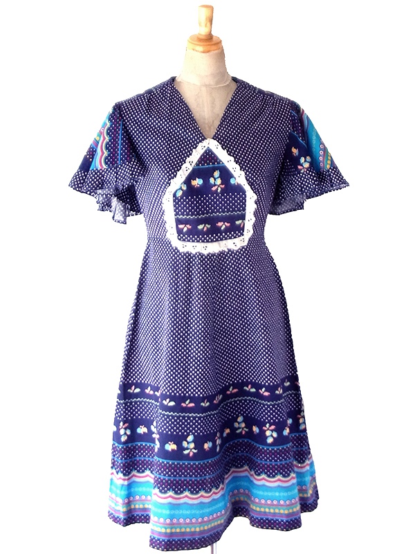 【送料無料】フランス製買付け 60年代製  ネイビー X 水玉 カラフル レトロ柄 フレアスリーブ ワンピース 26FC110【ヨーロッパ古着】