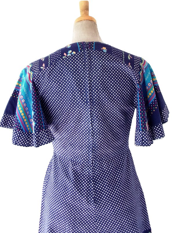 【送料無料】フランス製買付け 60年代製  ネイビー X 水玉 カラフル レトロ柄 フレアスリーブ ワンピース 26FC110【ヨーロッパ古着】