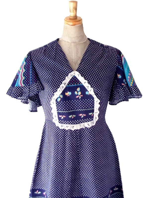 【送料無料】フランス製買付け 60年代製  ネイビー X 水玉 カラフル レトロ柄 フレアスリーブ ワンピース 26FC110【ヨーロッパ古着】