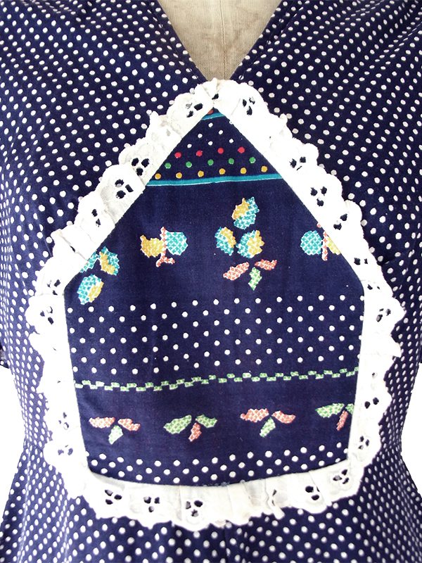 【送料無料】フランス製買付け 60年代製  ネイビー X 水玉 カラフル レトロ柄 フレアスリーブ ワンピース 26FC110【ヨーロッパ古着】