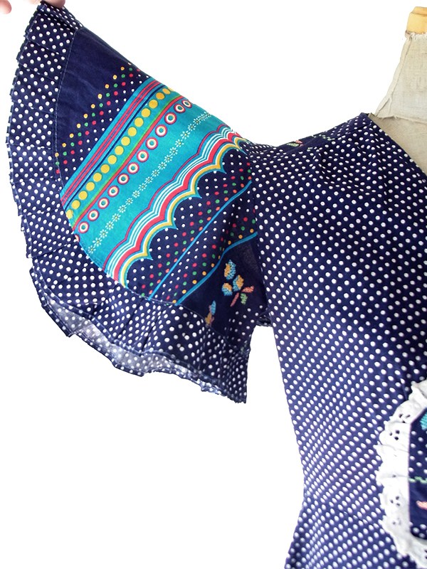 【送料無料】フランス製買付け 60年代製  ネイビー X 水玉 カラフル レトロ柄 フレアスリーブ ワンピース 26FC110【ヨーロッパ古着】