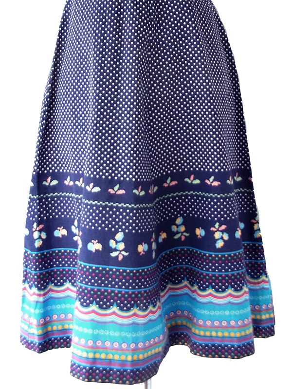 【送料無料】フランス製買付け 60年代製  ネイビー X 水玉 カラフル レトロ柄 フレアスリーブ ワンピース 26FC110【ヨーロッパ古着】