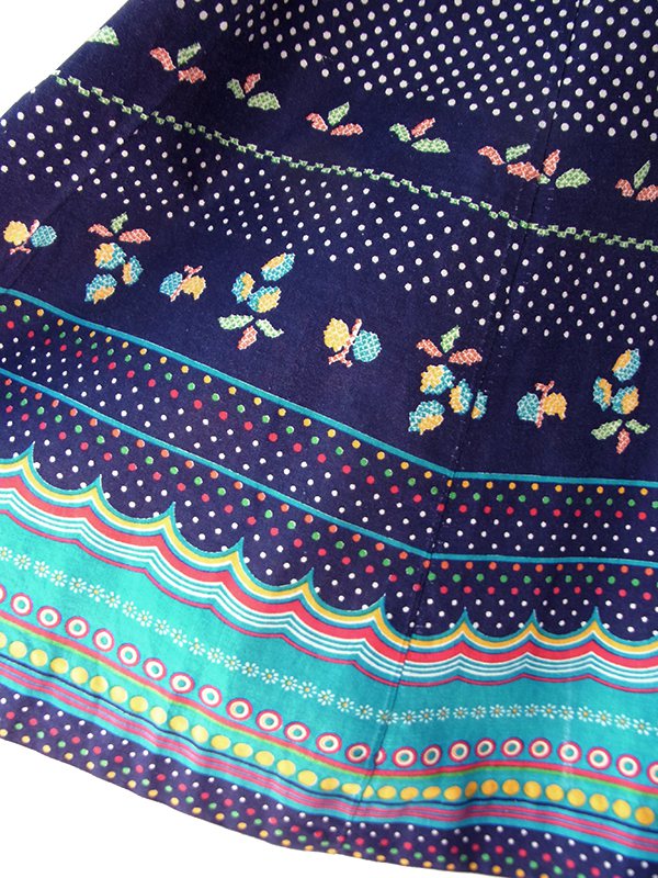 【送料無料】フランス製買付け 60年代製  ネイビー X 水玉 カラフル レトロ柄 フレアスリーブ ワンピース 26FC110【ヨーロッパ古着】