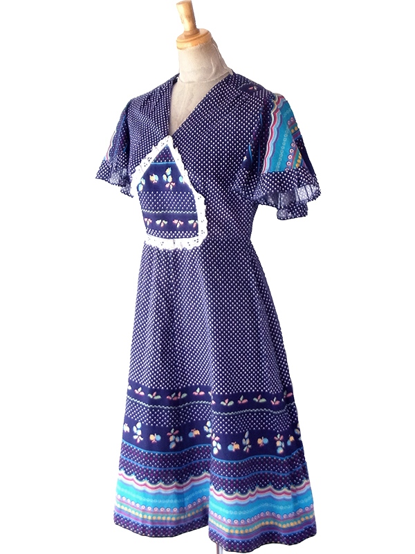 【送料無料】フランス製買付け 60年代製  ネイビー X 水玉 カラフル レトロ柄 フレアスリーブ ワンピース 26FC110【ヨーロッパ古着】