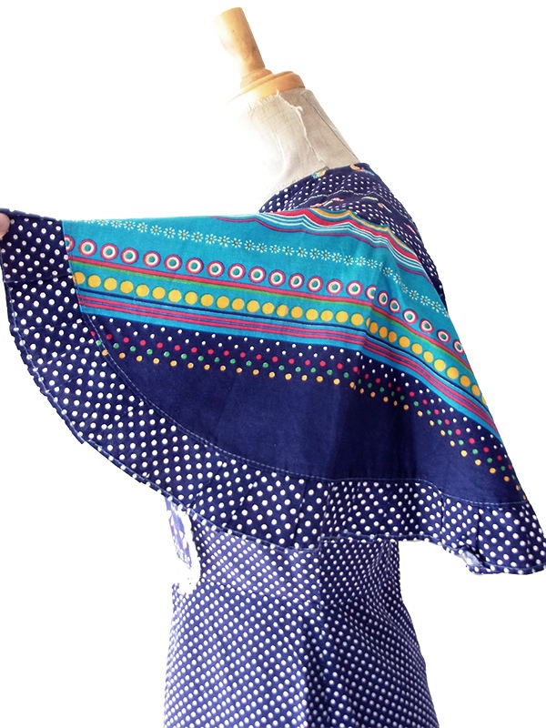 【送料無料】フランス製買付け 60年代製  ネイビー X 水玉 カラフル レトロ柄 フレアスリーブ ワンピース 26FC110【ヨーロッパ古着】