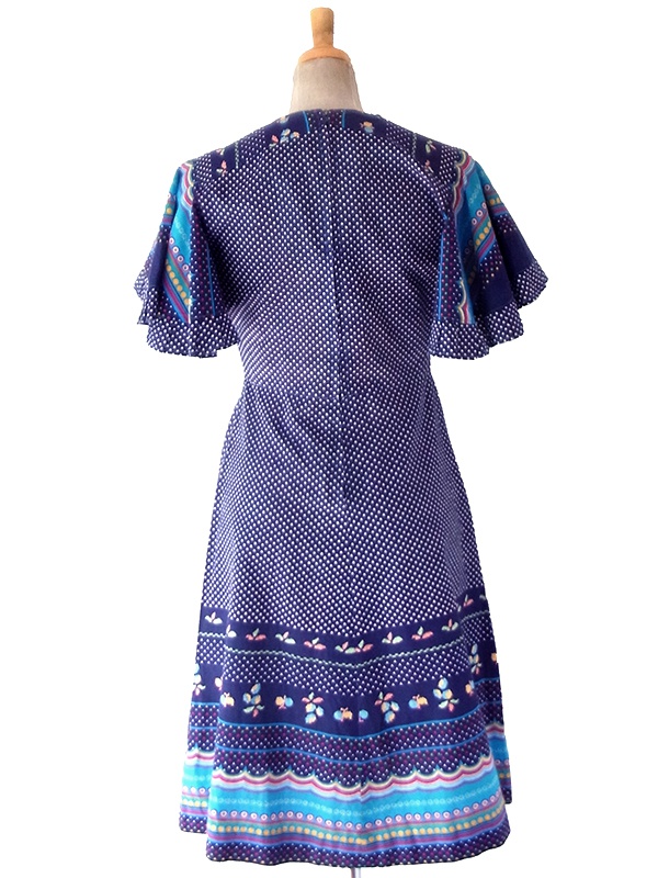 【送料無料】フランス製買付け 60年代製  ネイビー X 水玉 カラフル レトロ柄 フレアスリーブ ワンピース 26FC110【ヨーロッパ古着】
