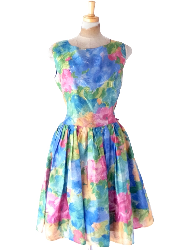 【送料無料】70年代フランス製 Christina VIVA 水彩タッチの花柄プリント ウエストリボン ワンピース 26FC111【ヨーロッパ古着】