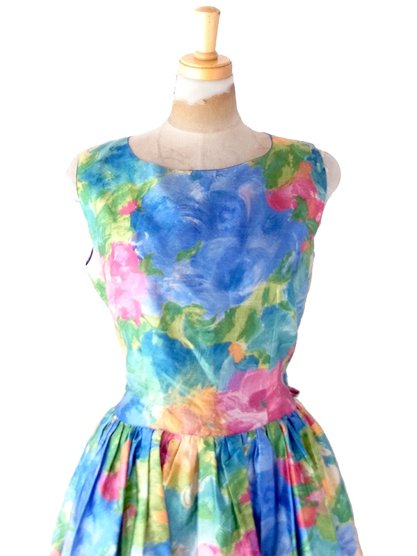 【送料無料】70年代フランス製 Christina VIVA 水彩タッチの花柄プリント ウエストリボン ワンピース 26FC111【ヨーロッパ古着】