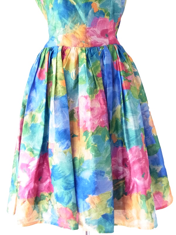 【送料無料】70年代フランス製 Christina VIVA 水彩タッチの花柄プリント ウエストリボン ワンピース 26FC111【ヨーロッパ古着】