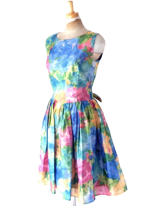 【送料無料】70年代フランス製 Christina VIVA 水彩タッチの花柄プリント ウエストリボン ワンピース 26FC111【ヨーロッパ古着】