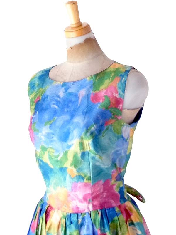 【送料無料】70年代フランス製 Christina VIVA 水彩タッチの花柄プリント ウエストリボン ワンピース 26FC111【ヨーロッパ古着】