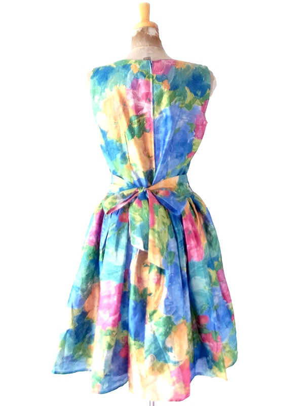 【送料無料】70年代フランス製 Christina VIVA 水彩タッチの花柄プリント ウエストリボン ワンピース 26FC111【ヨーロッパ古着】