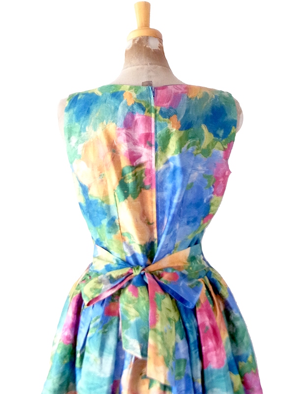 【送料無料】70年代フランス製 Christina VIVA 水彩タッチの花柄プリント ウエストリボン ワンピース 26FC111【ヨーロッパ古着】