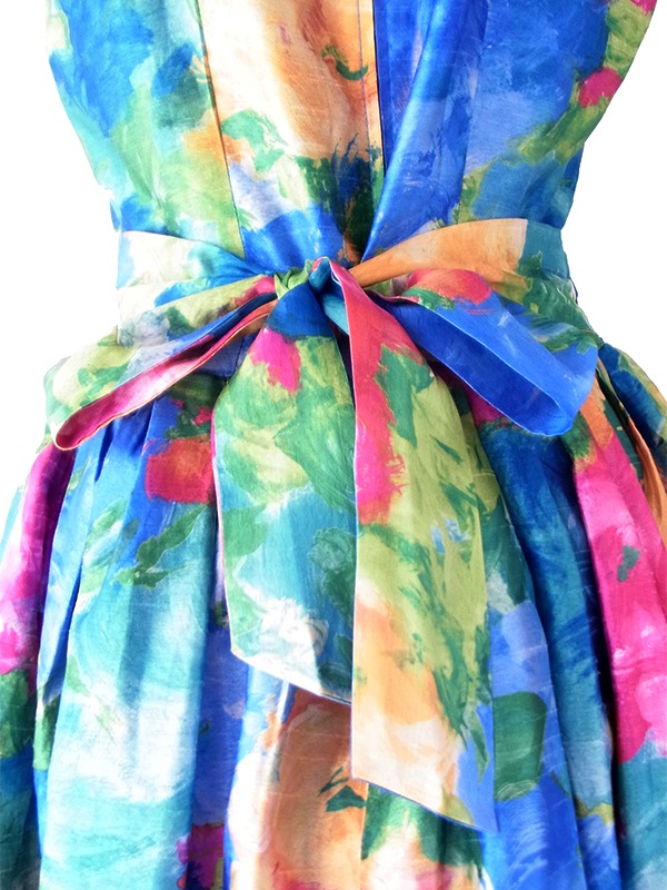 【送料無料】70年代フランス製 Christina VIVA 水彩タッチの花柄プリント ウエストリボン ワンピース 26FC111【ヨーロッパ古着】