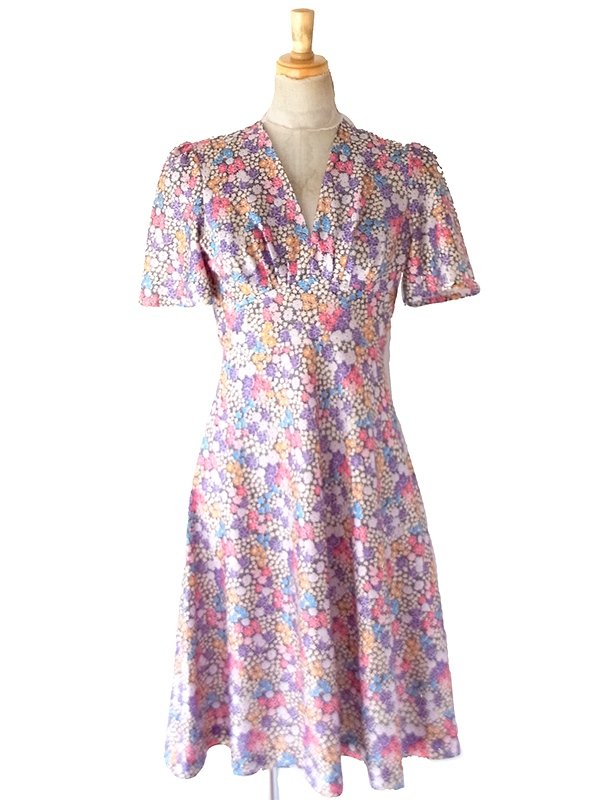 【送料無料】70年代フランス製 ネイビー×カラフル 花柄 ヴィンテージ ワンピース 26FC112【ヨーロッパ古着】