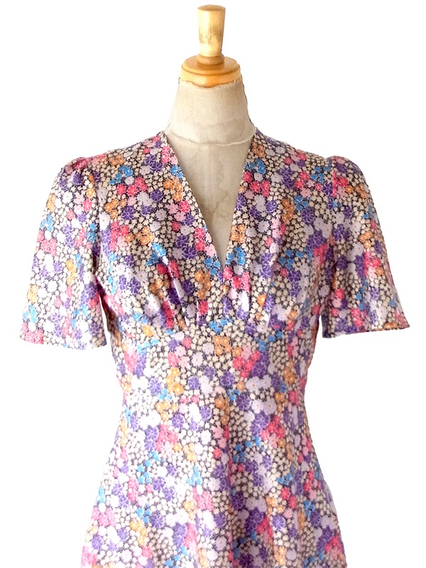 【送料無料】70年代フランス製 ネイビー×カラフル 花柄 ヴィンテージ ワンピース 26FC112【ヨーロッパ古着】