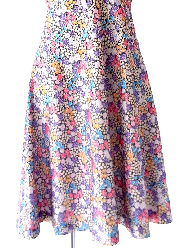 【送料無料】70年代フランス製 ネイビー×カラフル 花柄 ヴィンテージ ワンピース 26FC112【ヨーロッパ古着】