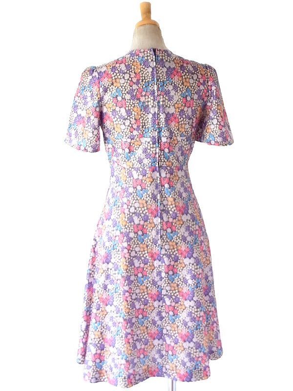 【送料無料】70年代フランス製 ネイビー×カラフル 花柄 ヴィンテージ ワンピース 26FC112【ヨーロッパ古着】