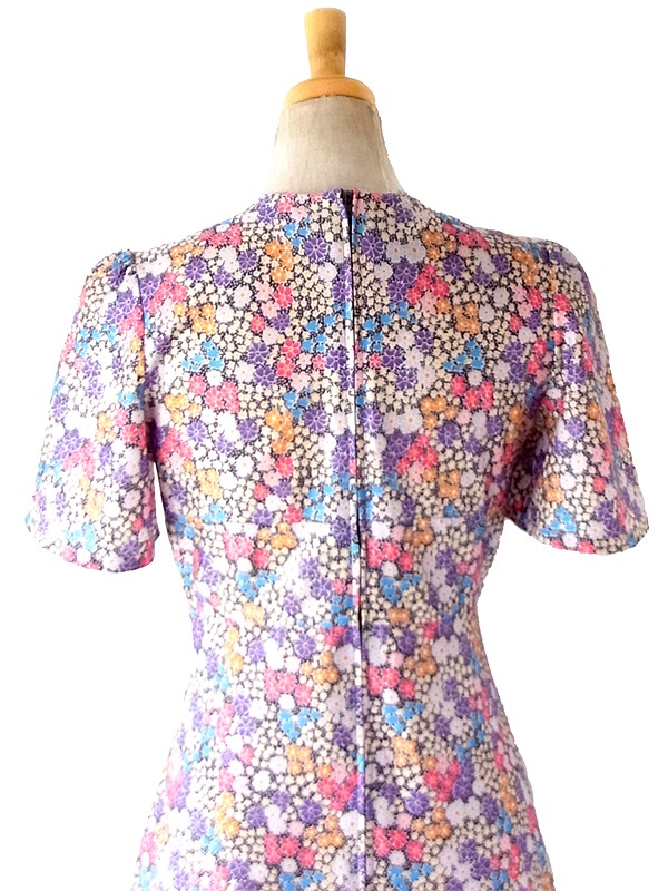 【送料無料】70年代フランス製 ネイビー×カラフル 花柄 ヴィンテージ ワンピース 26FC112【ヨーロッパ古着】